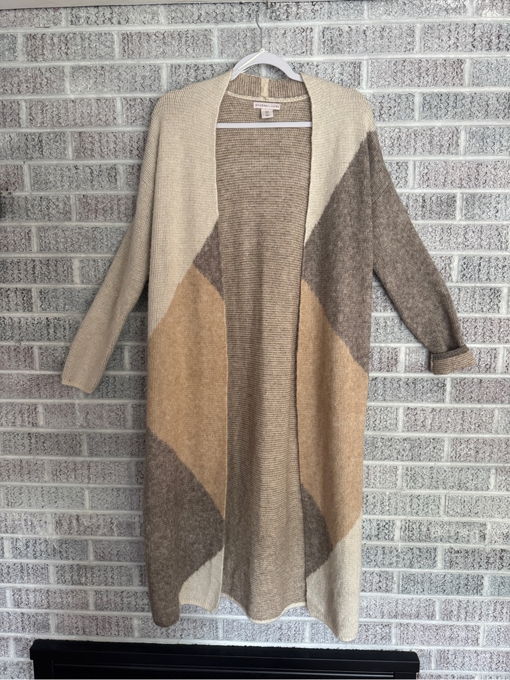 Sincerely Jules Beige Tan Colorblock Long Open-Front Cardigan